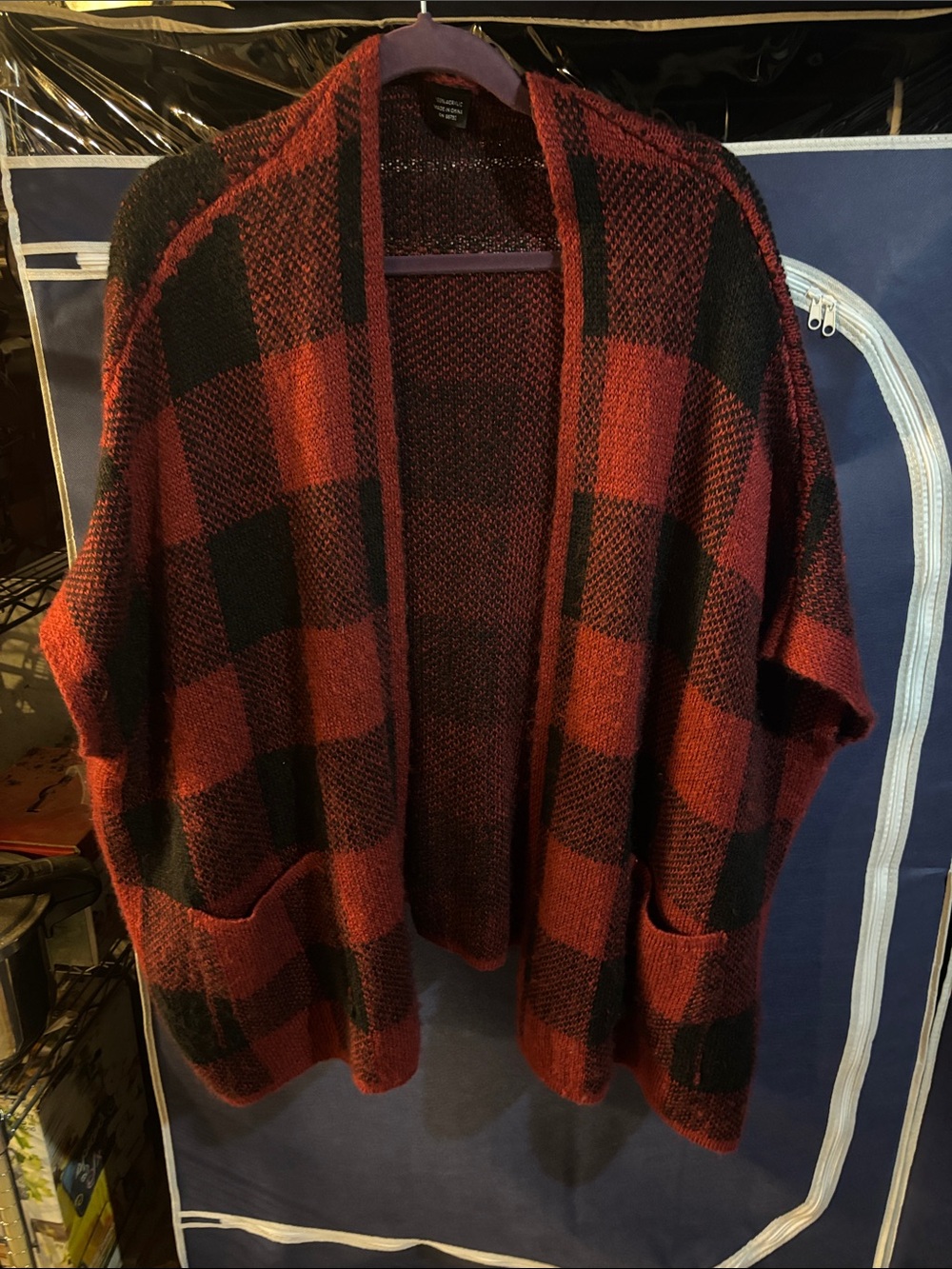 Dress Barn Red and Black Buffalo Plaid Open-Front Cardigan